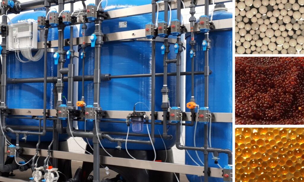 Sistema industrial de resinas aptas para uso alimentario en tratamiento de líquidos